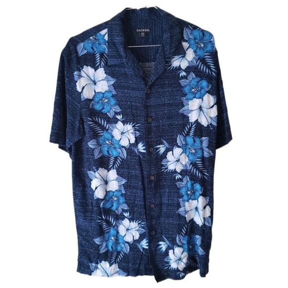 George Navy Blue Floral Hawaiian Short Sleeve Button Up Shirt - Picture 1 of 4